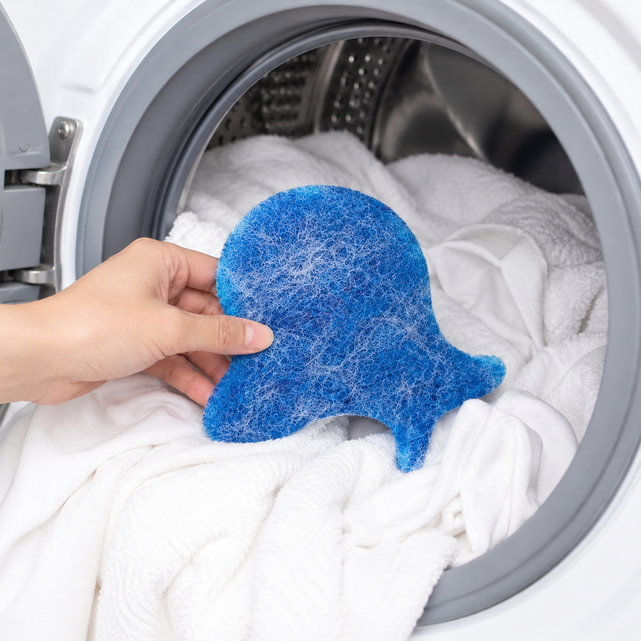 Attrape-poils FISHFUR posé sur du linge dans une machine à laver