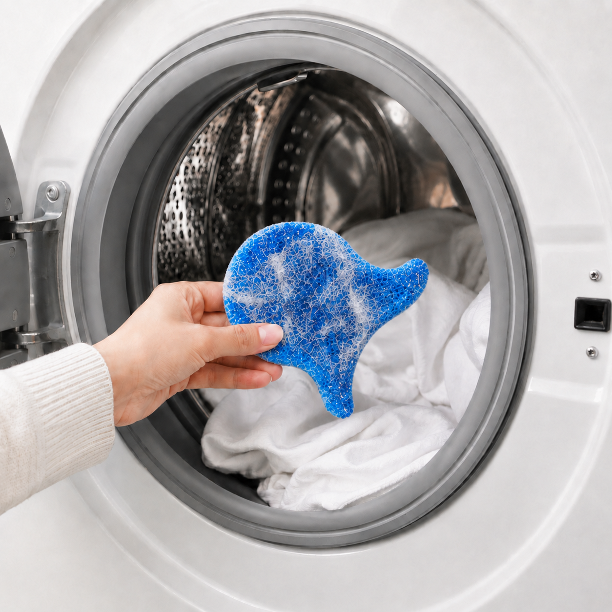 Attrape-poils FISHFUR posé sur du linge dans une machine à laver